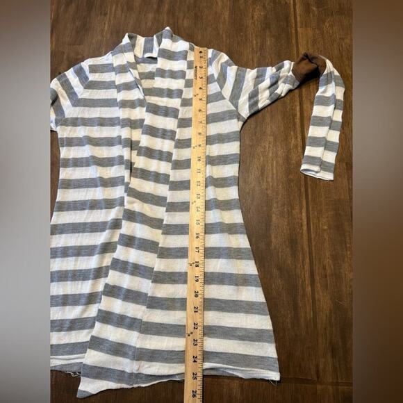 Alwaysme Open Front Cardigan Grey White Striped Elbow Pads Casual Layering - Picture 8 of 8